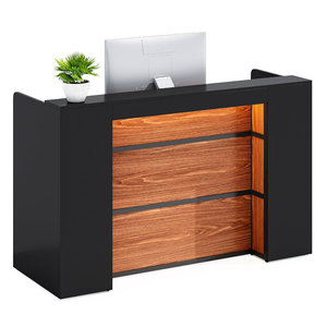LITTLE TREE 63 Inches Reception Desk, Modern Reception Table with LED Light, Front Counter Desk, Wooden Checkout Counter for Lobbies, Salons, Retail, Home Offices, Reception Room, Black & Brown