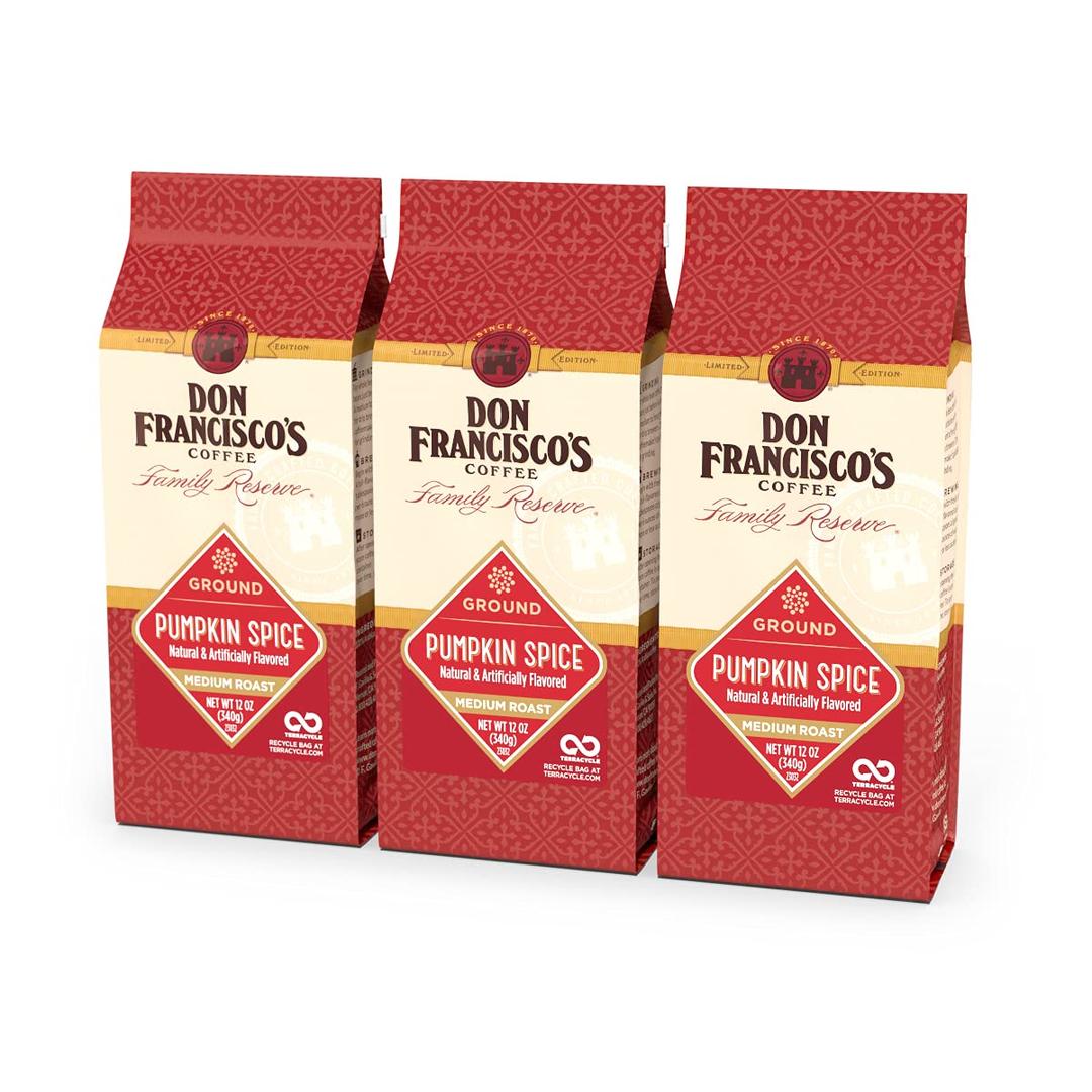Don Francisco's Pumpkin Spice Ground Coffee, Medium Roast Flavored 100% Arabica, 3-Pack (12 oz Bags), Premium Coffee for Drip, Pour Over & French Press, Best By: 12/23/26