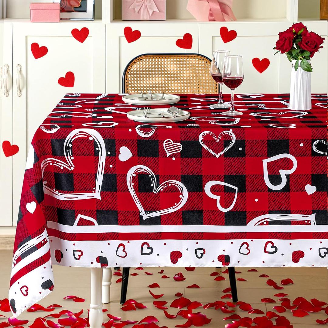 Peryiter Valentines Day Tablecloth 60 x 84 Inch Black and Red Buffalo Plaid Hearts White Bordered Fabric Tablecloth Rectangle Reusable Washable Vintage Valentine Table Cover Decorations