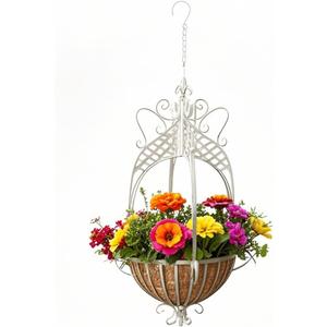 Large Hanging Planter for Outdoor Indoor Plants, 12.6-Inch Rustic Metal Hanging Basket for Farmhouse, Patio,Porch,Deck, or Garden, White