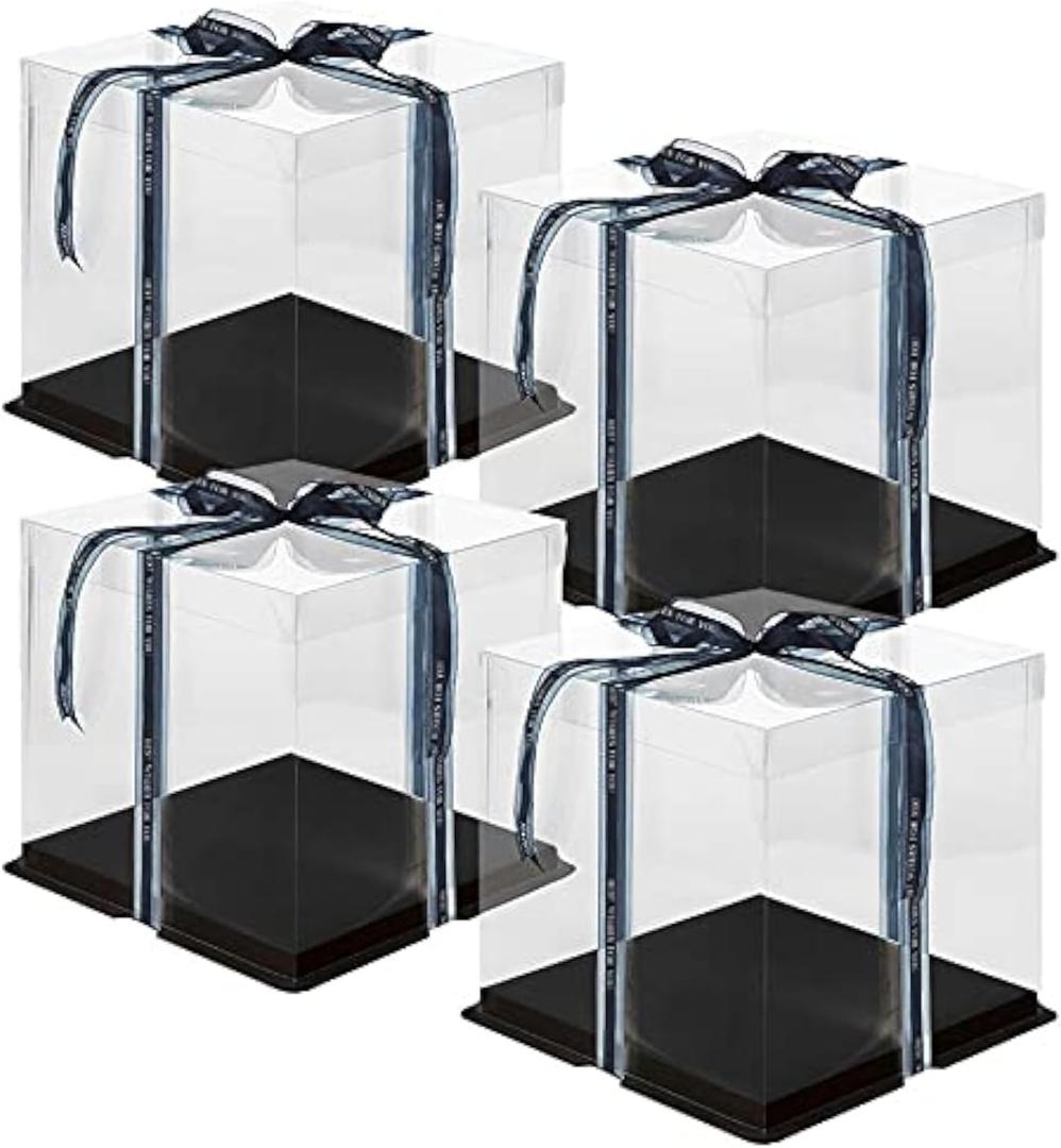 10 Inch Clear Cake Box,4 Pcs 10" X 10" X 9" Transparent Cake Box with Ribbon for 8" Cakes- Tall Cake Boxs- Clear Gift Boxes with Lid for Wedding Party and Gift Display (Black-4 Set)