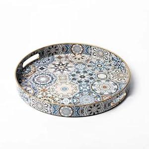 Fuukou Round Serving Tray with Handles - Boho Coffee Table Tray Serving Tray, Large Tray for Ottoman Coffee Table, Modern Decorative Tray for Living Room