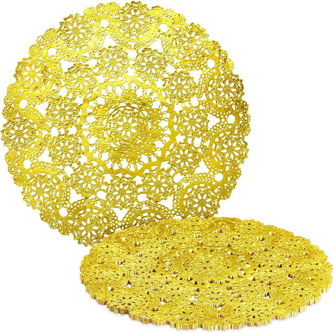 Juvale 60 Pack Gold Doilies, 12 inch Round Medallion-Style, Disposable Placemats for Party Table Decorations - Doilies for Tables - Gold Placemats