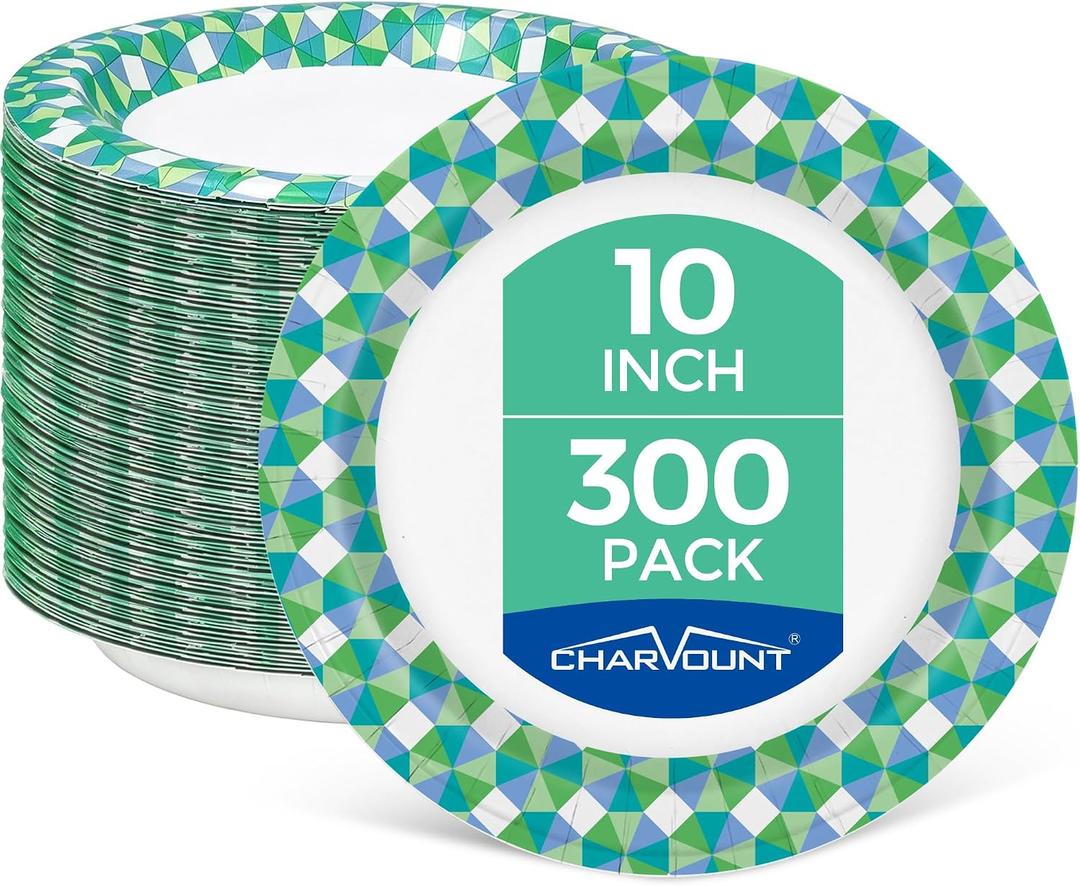 Charmount 300 Count 10 Inch Paper Plates, Soak-Proof, Cut Proof, Disposable Heavy Duty Plates for Everyday Use, Picnic, Family Gatherings, Parties