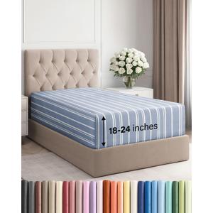 Extra Deep Twin XL Fitted Sheet - Hotel Luxury Single Fitted Sheet Only - Easily Fits 18 inch to 24 inch Mattress - Ultra Soft, Wrinkle Free w/Extra Deep Pockets - Breathable & Comfy - Blue Stripes