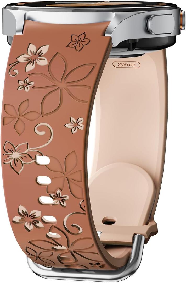 Flower Engraved Band for Samsung Galaxy Watch 7/6/5/4/FE 40mm 44mm/Galaxy Watch 6/4 classic Bands 47mm 43mm 46mm 42mm/Watch 5 pro 45mm Women,No Gap Silicone Cute Floral Strap Wristband Two-Tone Correa (03-brown milktea)
