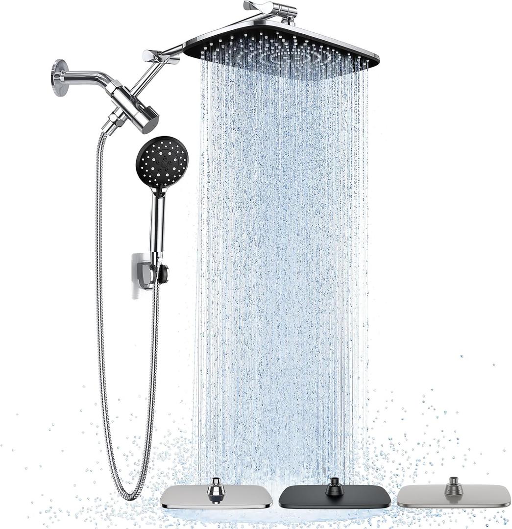 Veken Wide Rain Shower Head with 6 Modes Handheld Water Spray,High Pressure Showerhead Combo with Arm for Bathroom Accessories,Home Decor Detachable Dual Shower with Anti-Clog Nozzles,Silver Chrome (Standard Flow(2.5GPM))