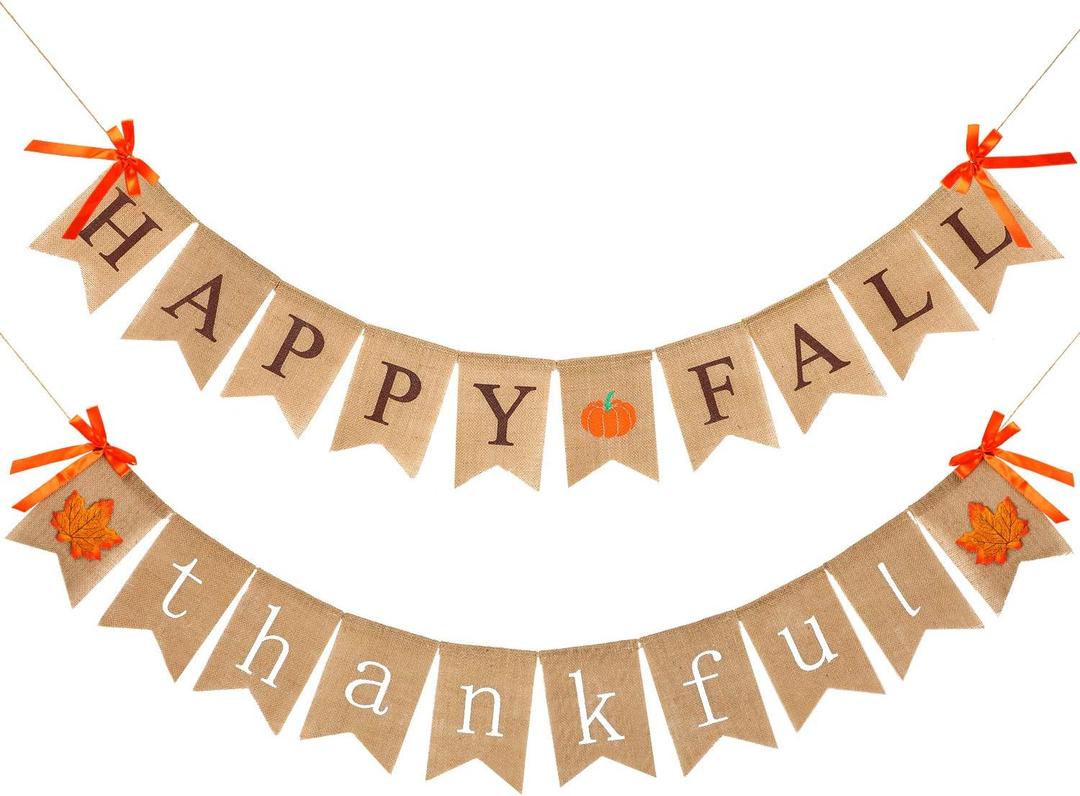 Blulu 2 Pcs Thankful Burlap Banner Happy Fall Thanksgiving Wall Banner for Mantle Pumpkin Maple Leaf Garland Rustic Thanksgiving Fireplace Decoration Harvest Outdoor Home Office Hanging Decor