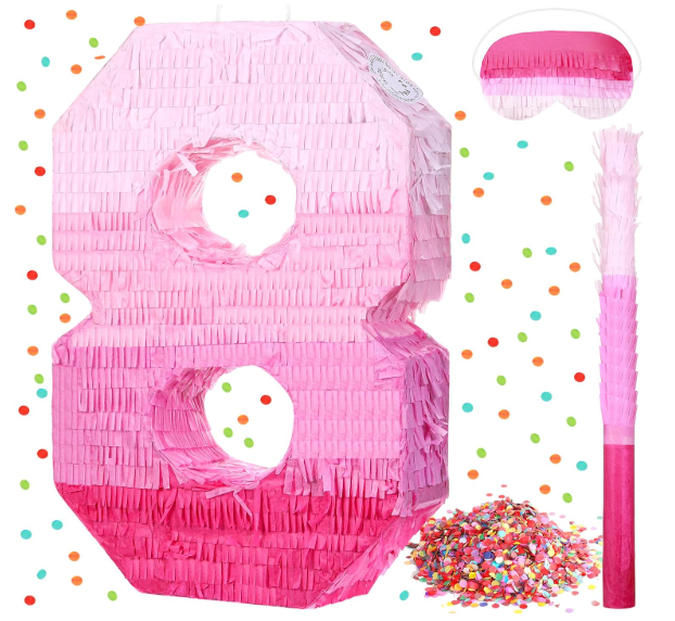 Sratte Number Piñata Pink Piñata Birthday Decorations Gradient with Stick Blindfold Confetti for Girls Boys Birthday Anniversary Party Decorations Supplies(Number 8)