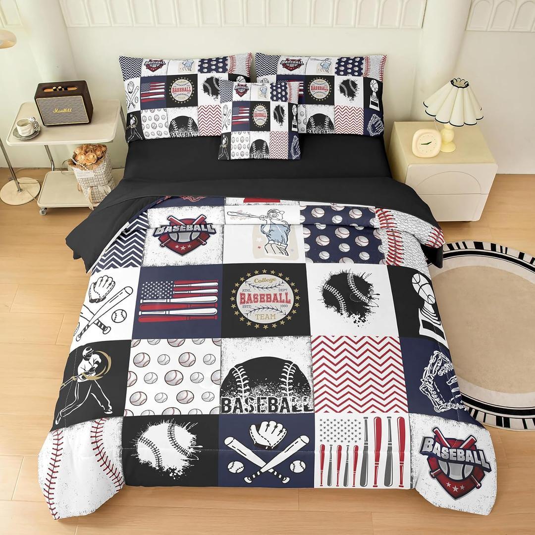 Peopleareok 6 Piece Baseball Comforter Set Twin, Baseball Theme Comforter, Sports Softball Comforter, Soft Microfiber Baseball Bedding Set for Boys Kids All Season