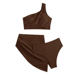 3 Piece Bikini Sets for Women One Shoulder Swimsuits Tummy Control High Waisted with Cover Up Skirt CoffeeBrown Large (Brown, L)