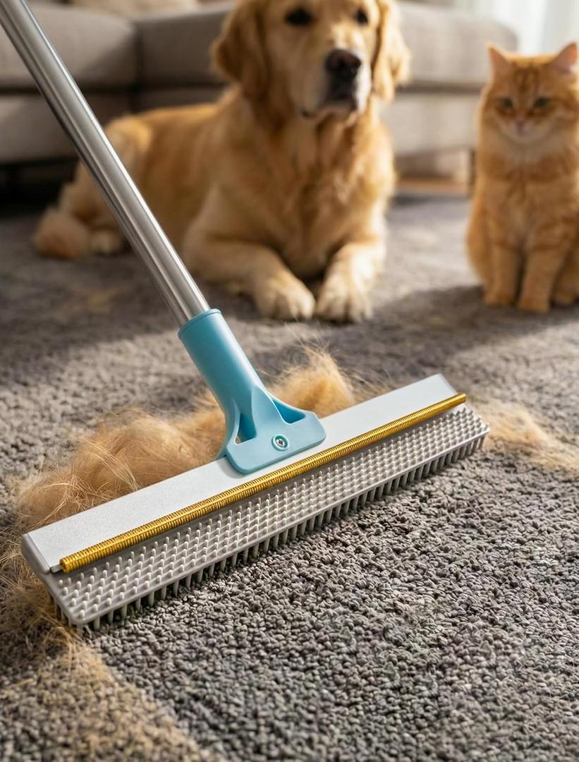 Carpet Rake for Pet Hair Removal: DELOMO Carpet Scraper Broom with 54 Adjustable Long Handle, Dual-Sided, Metal + Short Silicone for Carpets & Rugs, Extended Silicone for Shag Rugs & Hard Floors