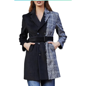 S·DEER Womens Coat with Plaid Patch Style, Wool Blend Winter Coat, Mid-Length Belted Notched Lapel Collar Coat M