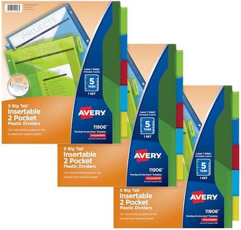 Avery Dividers for 3 Ring Binders, 5-Tab Sets, Two-Pocket Plastic Binder Dividers with Tabs, Multicolor, 3 Sets (71906)