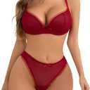 Sexy Mesh Sheer Push Up Lingerie Set for Women Bra and Panty 2 Piece (Small, Wine Red)