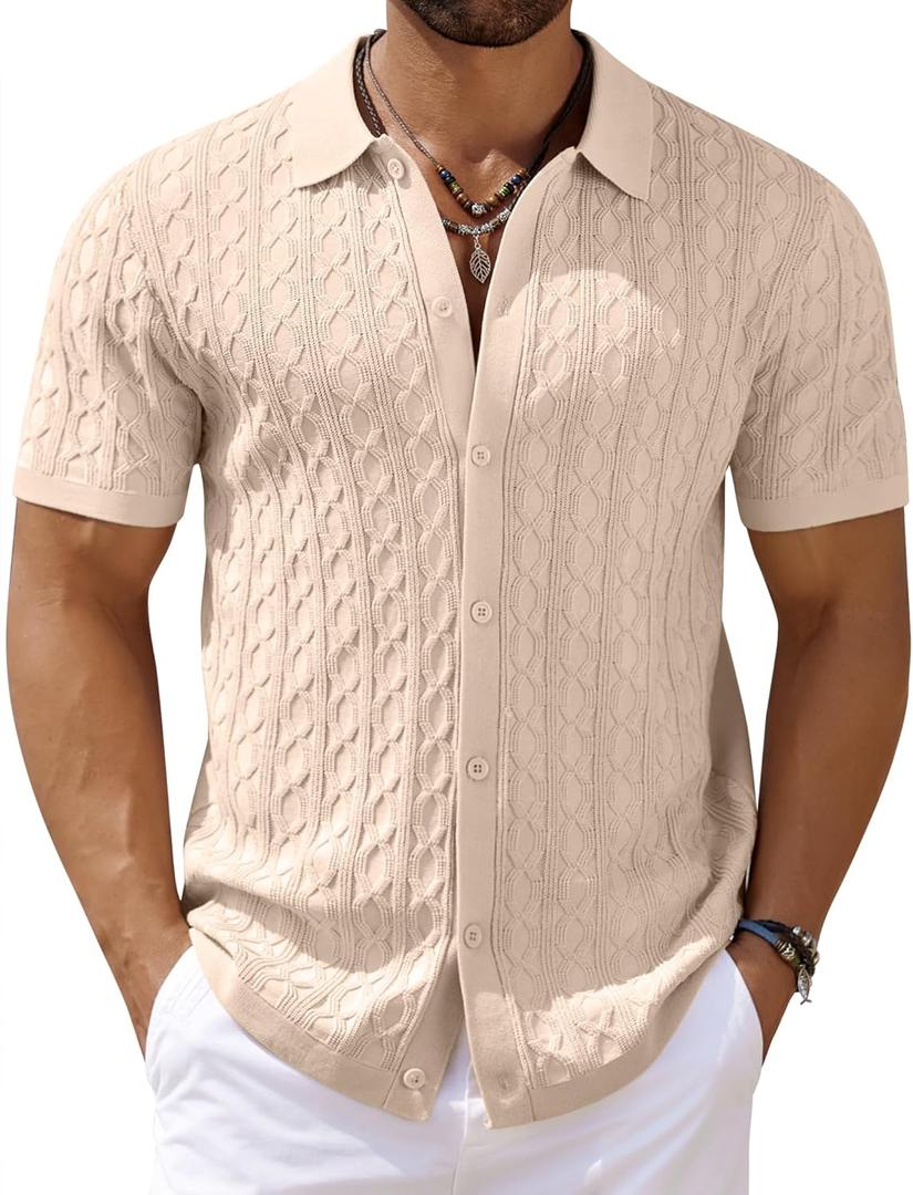COOFANDY Men's Knit Short Sleeve Shirts Button Down Vintage Knitted Polo Shirt Casual Beach Crochet Cable Vacation Shirt (X-Large, Light Coffee)