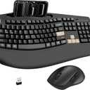 Wireless Keyboard and Mouse Combo, 2.4G Full Size Wave Keys Ergonomic Keyboard with Wrist Rest, Phone Holder, 3-Level DPI Wireless Silent Mouse with 6-Buttons, for Windows (Latte Black)