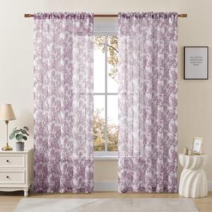 Sheer Floral Curtains 96 Inches Long 2 Panels for Bedroom French Rod Pocket Light Filtering Dreamy Lavender Flower Sheer Curtains for Living Room Girls Room Romantic Shabby Chic Window Drapes, 52x96