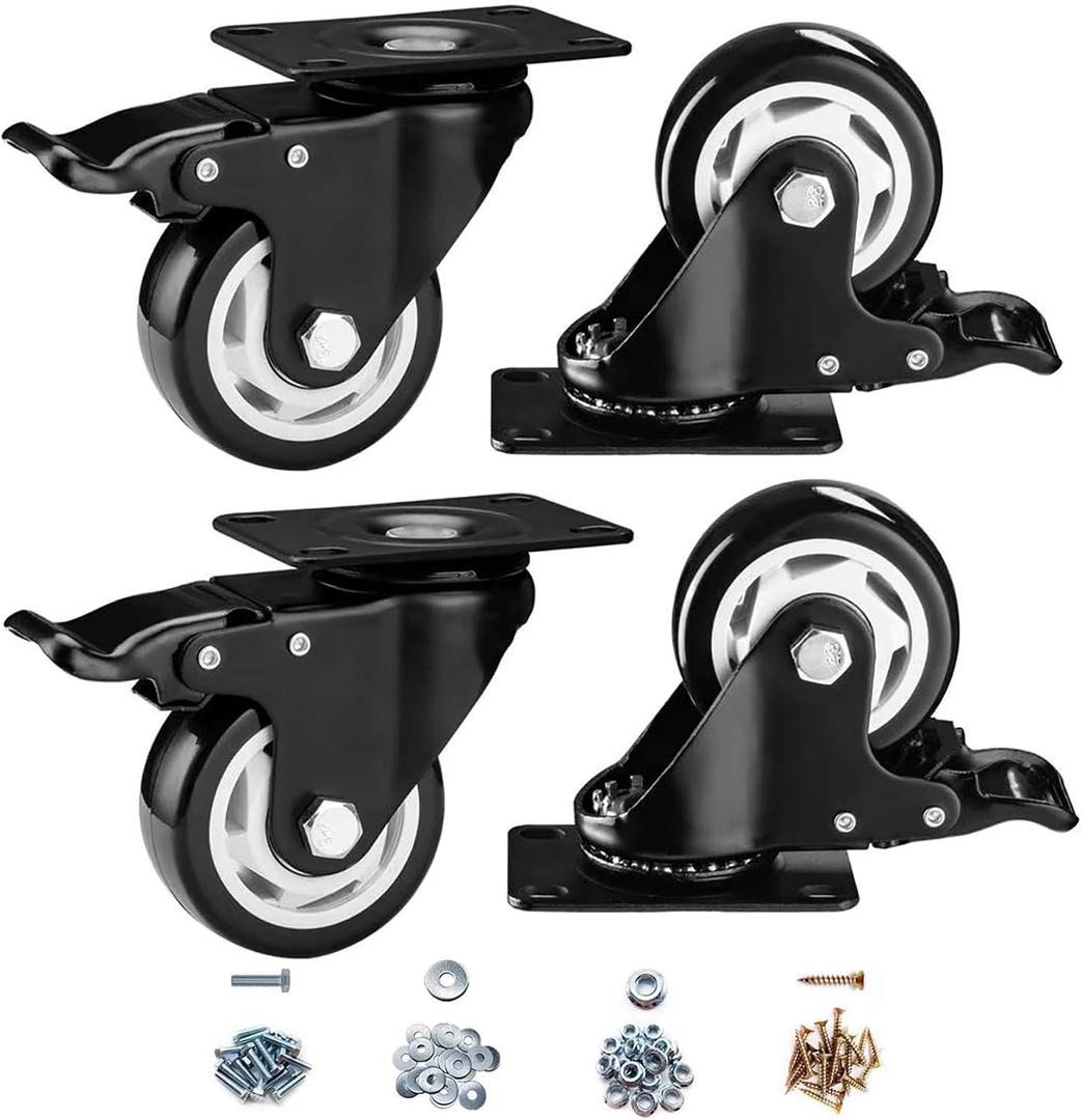 3 inch Caster Wheels, Casters Set of 4 Heavy Duty - CLOATFET Locking Swivel Casters with Brake (Top Plate), Non Marking Black Castor Wheels for Cart Furniture Workbench