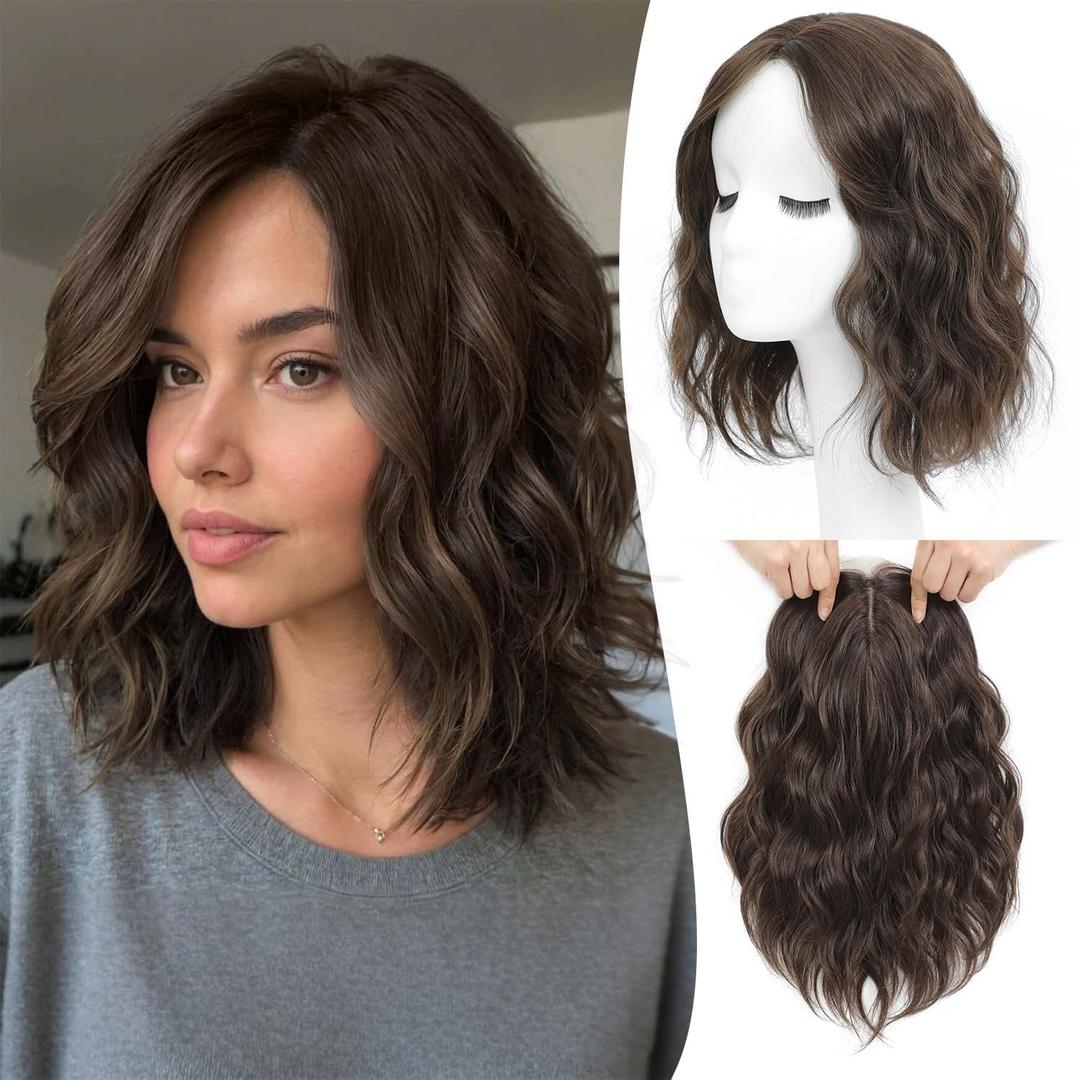 Ms Taj 11 Inch Short Wavy Hair Topper for Women with Thinning Hair, Natural Synthetic Lightweight & Breathable Hairpiece for Women with 6.5"x6.5" Base, Instantly Adds Volume and CoverageSoft Brown