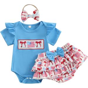 Newborn 4th of July Outfit Baby Girl American Flag Bow Print Short Sleeve Romper Tutu Skirt with Headband Summer Set (3-6 Months, Blue)