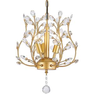 Small Gold Crystal Chandelier, Farmhouse 3-Light Branch Crystal Pendant Light with 47.2'' Adjustable Chain, Vintage 13.8'' Ceiling Hanging Light Fixture for Dining Room, Kitchen, Entryway