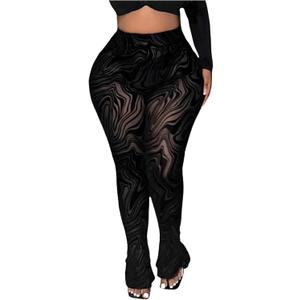 Floerns Women's Plus Size High Waist Sheer Tights Marble Print Split Hem Long Pants (Black) XL
