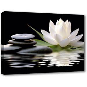 LZIMU Zen Canvas Wall Art White Lotus and Black Zen Stones Bloom in Water Picture Prints for Yoga Spa Meditation Spiritual Room Bathroom Decor (Zen-1, 12"x18")