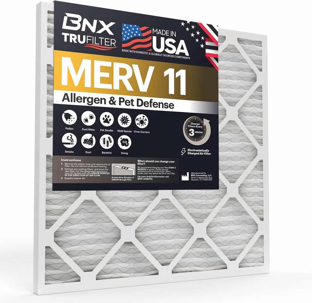 BNX TruFilter 10x10x1 Air Filter MERV 11 (4-Pack) - MADE IN USA - Allergen Defense Electrostatic Pleated Air Conditioner HVAC AC Furnace Filters for Allergies, Dust, Pet, Smoke, Allergy MPR 1200 FPR 7