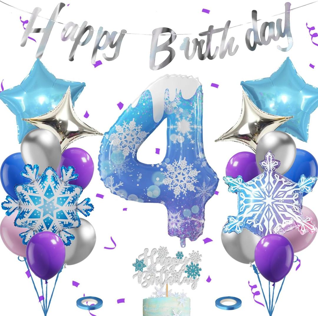 40 Inch Frozen Balloons number 4 Birthday Balloon,2 Giant snowflake foil balloons, 2 blue and silver star foil balloons Frozen Theme Party Supplies Winter Party Decoration For Girl's Birthday