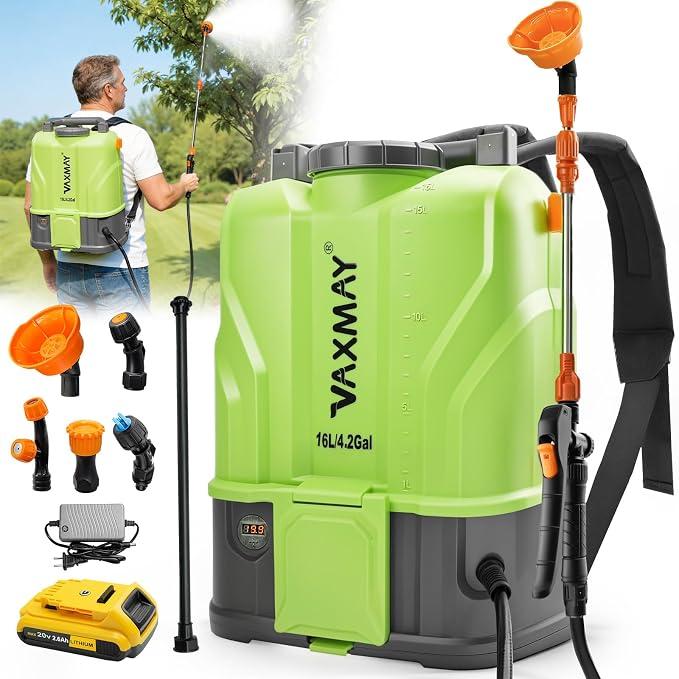 VAXMAY Battery Powered Backpack Sprayer 4.2 Gallon, 120 PSI Electric Garden Sprayer Compatible with DeWalt 20V Battery, Weed Yard Sprayer with 2 Wands, 5 Nozzles, 2.6 Ah Battery & Charger