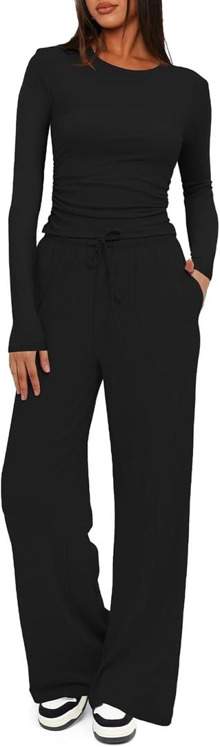 Darong Women's 2 Piece Outfits Lounge Sets 2026 Long Sleeve Tops Wide Leg Pants Casual Matching Set (Black, M)