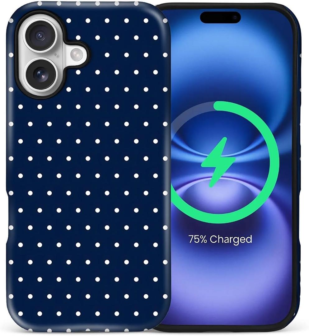 ZHEGAILIAN Magnetic Case for iPhone 17,Compatible with MagSafe Hard Shell + Soft Silicone 2 in 1 Hybrid Shockproof Bumper Drop Protective Case Navy Blue Polka Dot