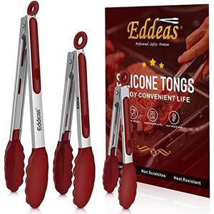 EDDEAS Tongs For Cooking - 7",9" and 12 inch Kitchen Tong with Silicone Tip,Heat Resistant 600 Degrees Metal Locking Tongs - for cooking,Salad and Barbecue, Red Set of 3