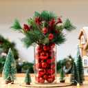 Giegxin 54 Pcs Red Christmas Centerpiece for Table DIY Farmhouse Xmas Decor for Dinning Table 6 Artificial Pine Branches 47 Red Vase Filler Balls 1 Glass Vase for Kitchen Tabletop Decor