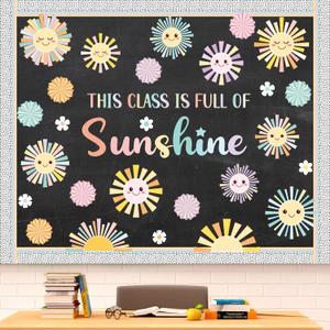 66 Pcs Summer Sunshine Bulletin Board Set Pastel Sun Paper Cutouts with 120 Glue Points Colorful Cute Sun Cut Outs Border for School Classroom Home Party Decor Supplies