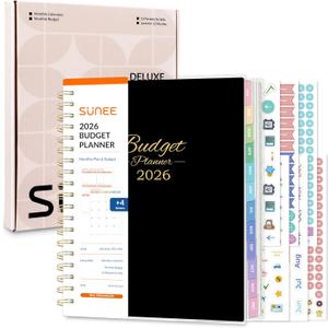 SUNEE 2026 Budget Planner - Deluxe Monthly Budget Book from JAN 2026 - DEC 2026, Bill Organizer with 12-Pockets, Expense Tracker Notebook B5 Size (8" x 10"), Finance Planner with Stickers, Black