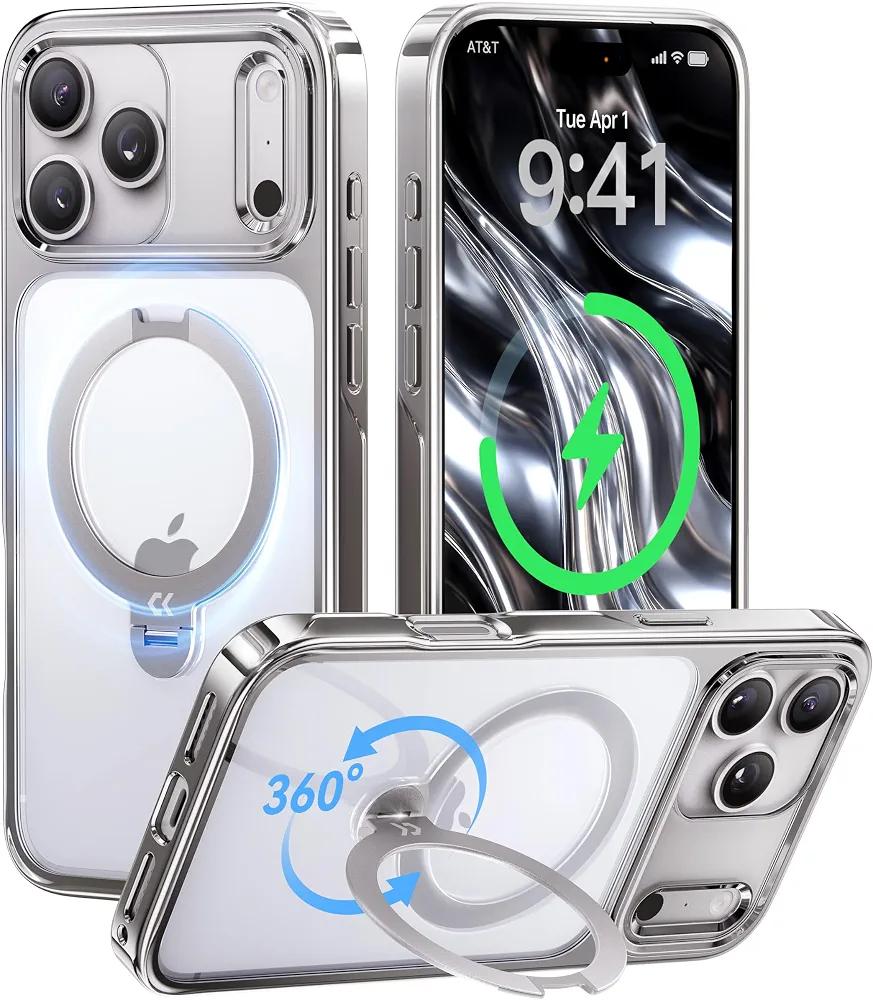 CASEKOO Glossy Silver for iPhone 17 Pro Case with 360 Spin Magnetic Stand [Fit for MagSafe][17FT Military Protection] Slim Polished Chrome Frame Titanium Alloy Sturdy Stand 6.3", Silver
