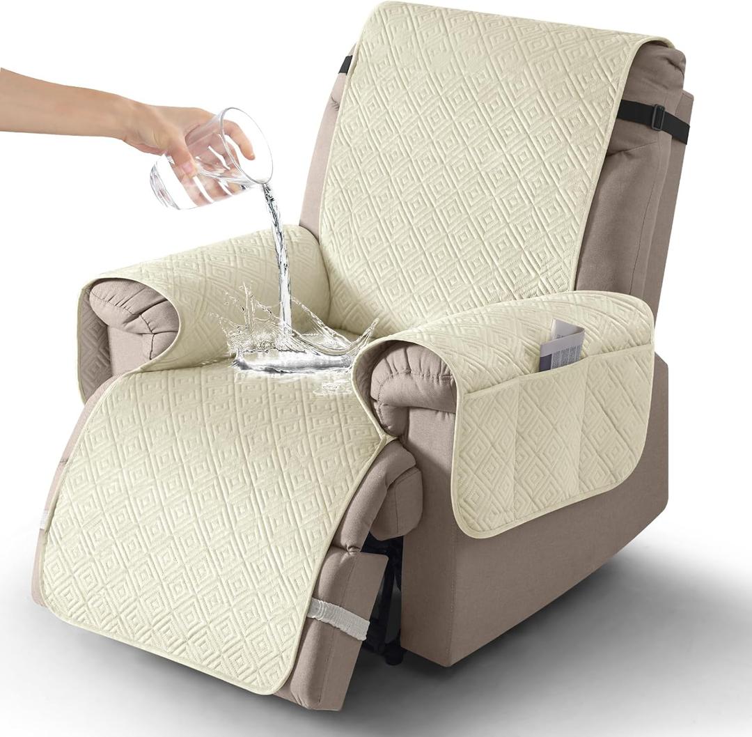Timeles Velvet Recliner Chair Cover, 100% Waterproof Recliner Covers That Stay in Place with Pocket for Pets & Dogs (Large: 28",Cream)