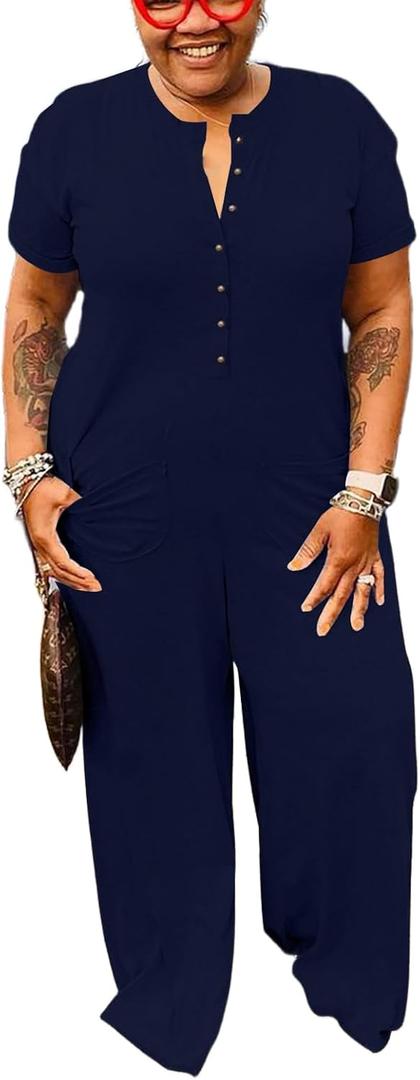 YeGine Plus Size Women Short Sleeve Loose Jumpsuit Casual Rompers One Piece Button Up Wide Leg Jumpsuits (X-Large Plus, Navy Blue)