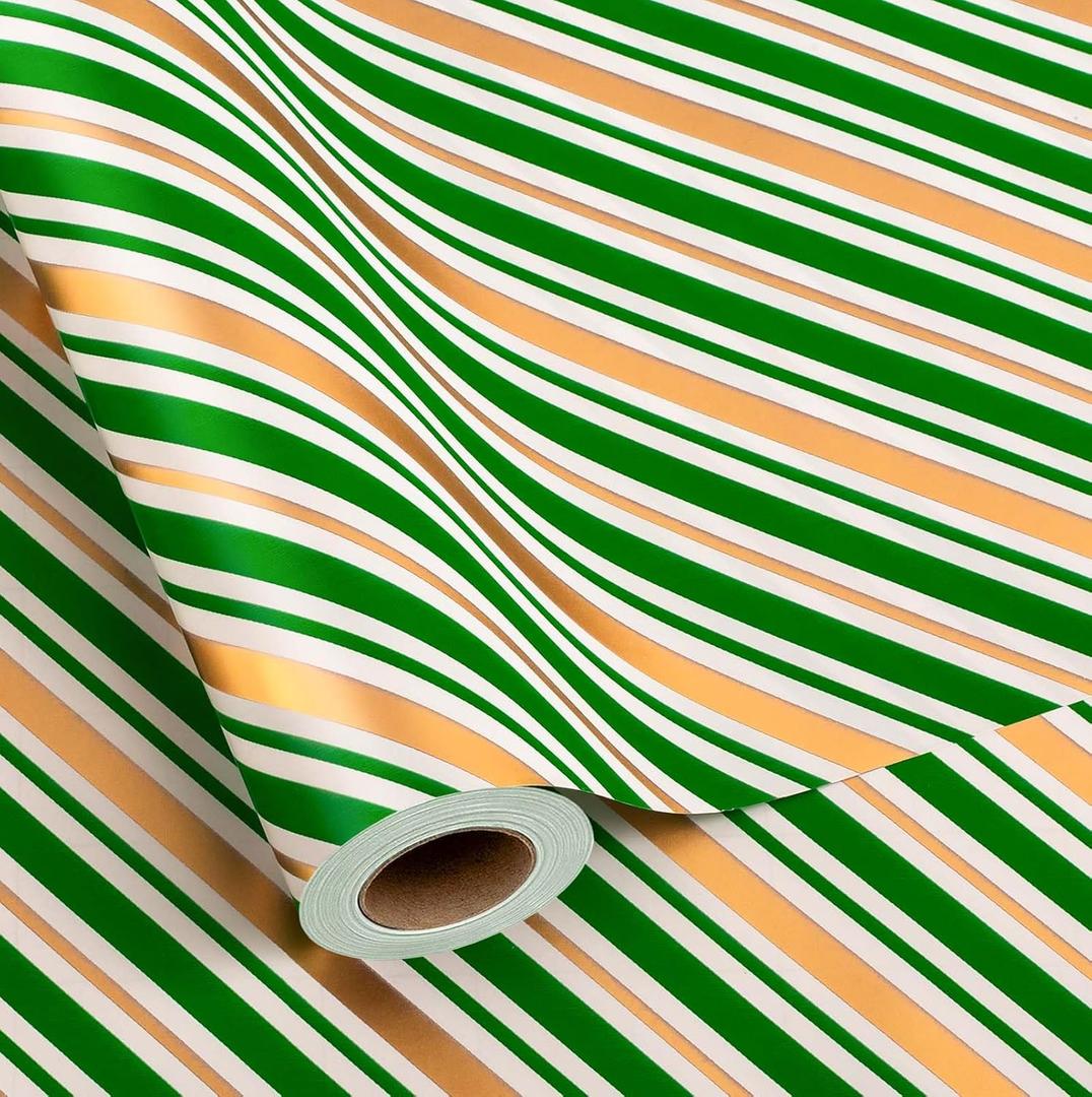 MAYPLUSS Christmas Diagonal Stripe Gift Wrapping Paper - 17 Inch X 33 Feet - Classic Green and Luxury Gold Foil Crafty Stripe Gift Wrap for Holiday Wedding, Birthday Party Showers and Scrapbooking
