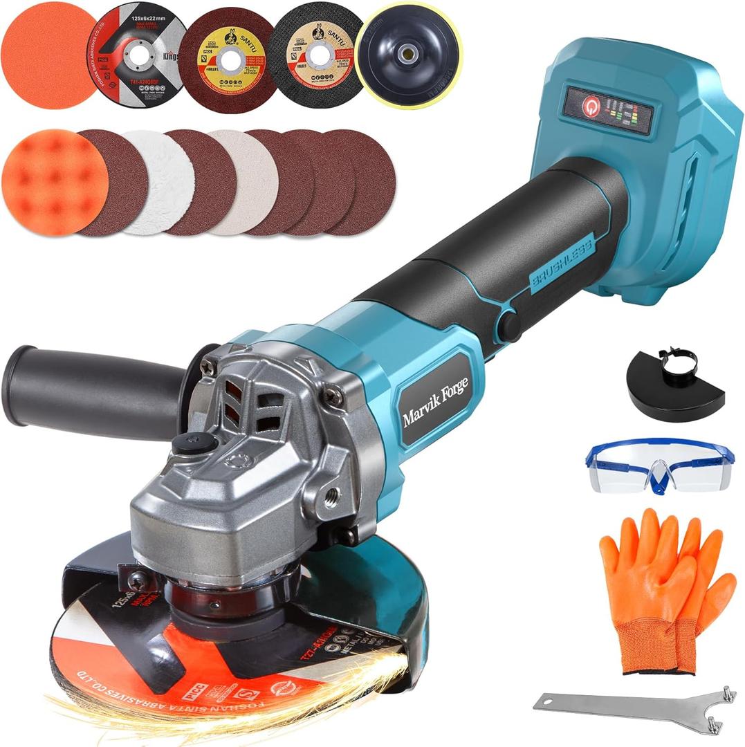 Cordless Angle Grinder Compatible with Makita 18V Battery (Not Included), Brushless motor, Lock-On Switch, 4-1/2" Blade, 3 Variable Speeds up to 7000 RPM, for Cutting, Grinding, Polishing