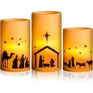 Nuanchu 3 Pcs Nativity Scene Candles Flameless Christmas LED Candles Battery Operated Warm Light for Advent Indoor Outdoor Home Table Decorations Christmas Holiday Decor