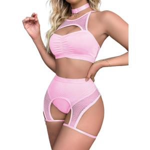 Rave Outfits for Women Festival Fishnet Lingerie Set Booty Shorts 3Pcs Babydoll Cutout Nightwear with Choker (Medium, Pink)
