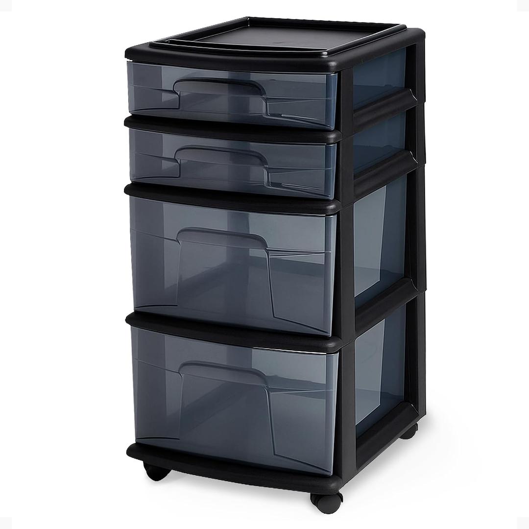 HOMZ Drawer Tower, 4-Tier Clear Plastic Storage Organizer Cart, Black Frame - Rolling Drawer Containers with Wheels for Bathroom, Bedroom, Office, and Classroom Organization