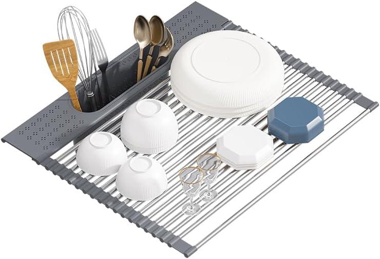 KEGFRES Roll Up Dish Drying Rack Over Sink, 20" X 15.2" Foldable SUS304 Stainless Steel Kitchen Dish Drainer, Heat-Resistant Multipurpose Rolling Sink Rack Organizer, Grey