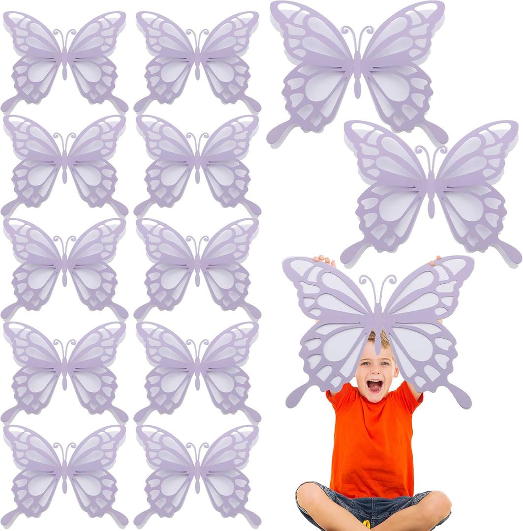 Geyee 12 Pcs 3D Large Butterfly Party Decoration 12 Inch 10 Inch Big Butterfly Centerpieces for Tables Baby Shower Birthday Wedding Hanging Decoration(White and Purple)