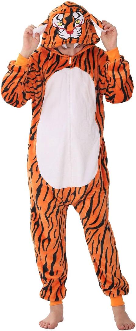 Animal Onesie Costumes for Kids Adults Cosplay Halloween for Boys Girls Womens Warm Plush One Piece Tiger (Orange)