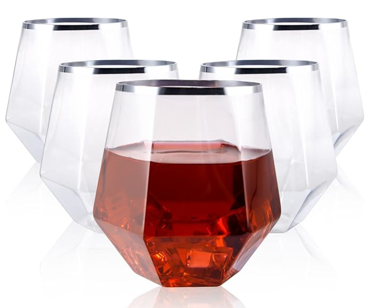 LUODA 32 Pack Silver Plastic Glasses,12 Oz Disposable Whiskey Glasses, Silver Stemless Diamond Shaped Glasses For Serving , Cocktail, Whiskey,Wedding