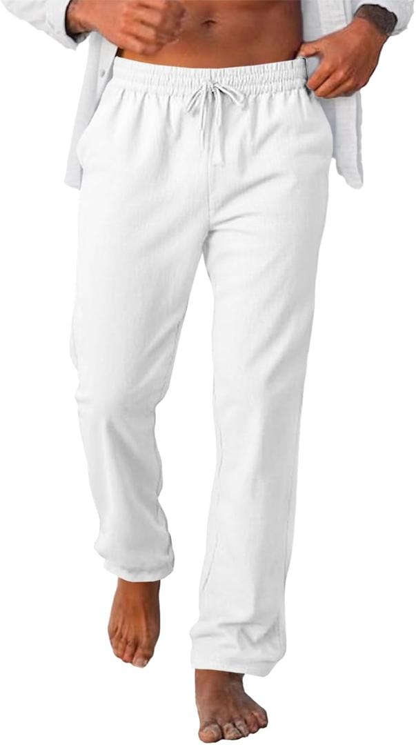 2 x Runcati Mens Casual Pants Drawstring Elastic Waist Lightweight Linen Pants Loose Fit Straight Legs Beach Trousers, (M, 2XL) (White)